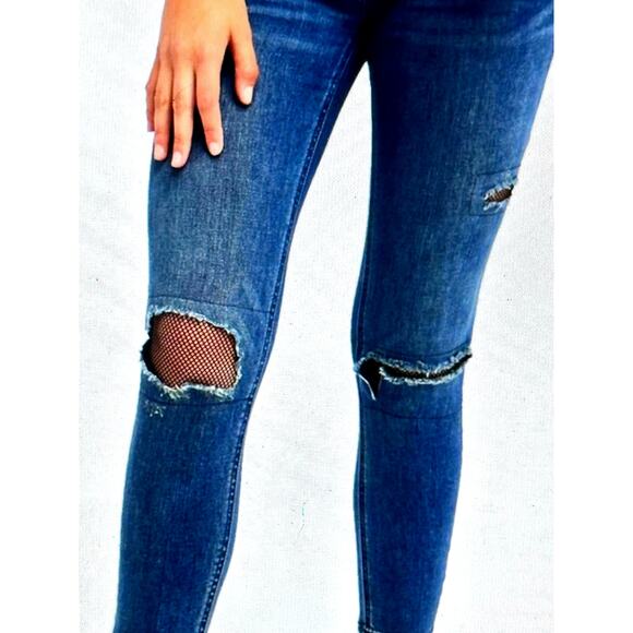 Free People Distressed Fishnet-Inlet Skinny Jeans Tupelo Blue 25 - Picture 2 of 16